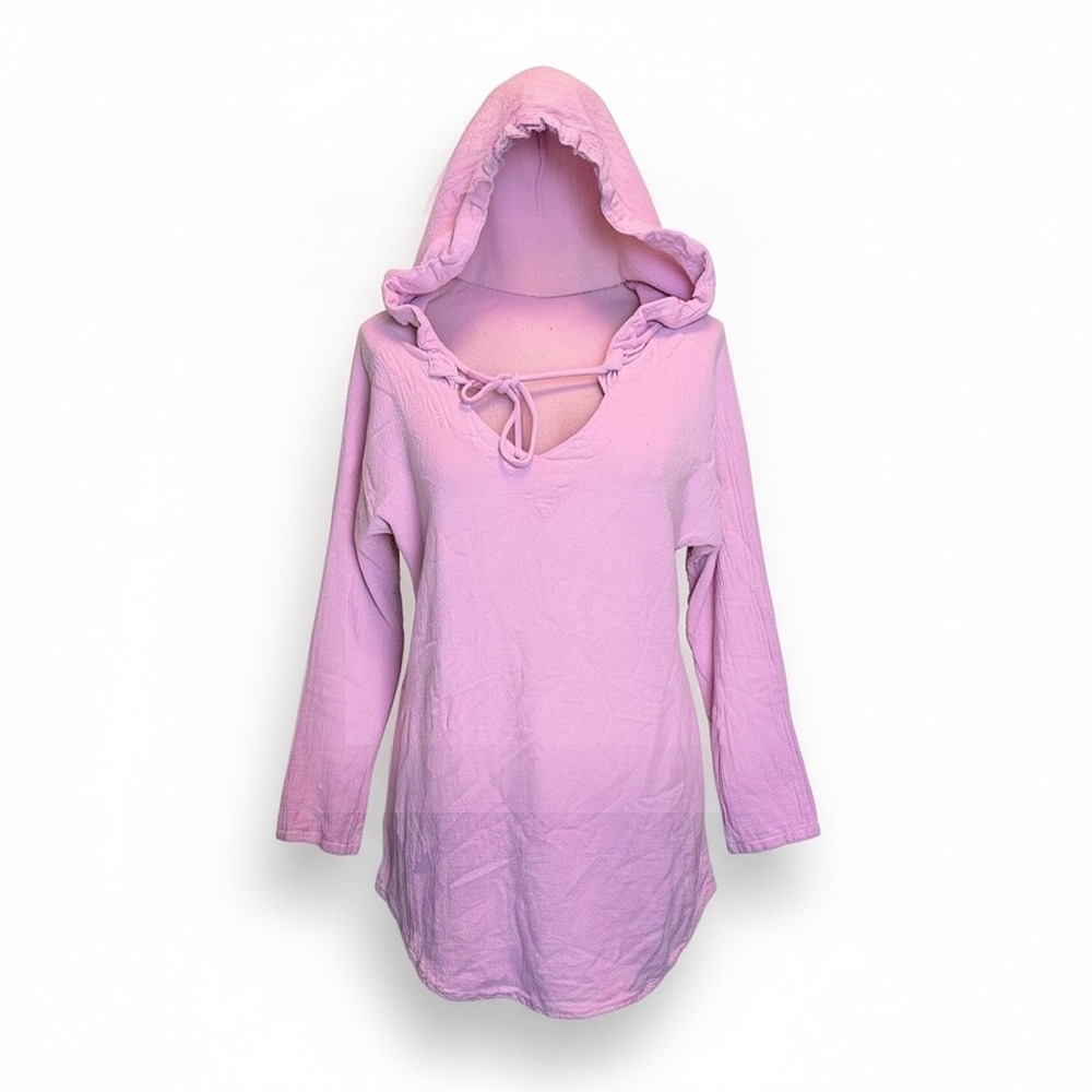 Oh My Gauze Pink Crinkle Cotton Hooded Tunic Top V-Neck Boho Langenlook Sz M???